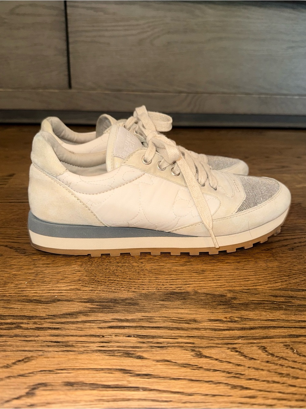 Brunello Cucinelli Light Beige Suede & Embellished Sneakers - Picture 2 of 8